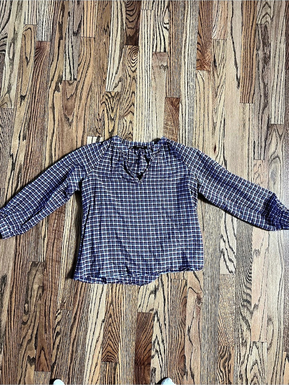 Madewell Shirred Crewneck Button-Up Top in Plaid Blue & Red XXS